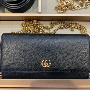 Gucci GG Marmont Black Leather Chain Wallet